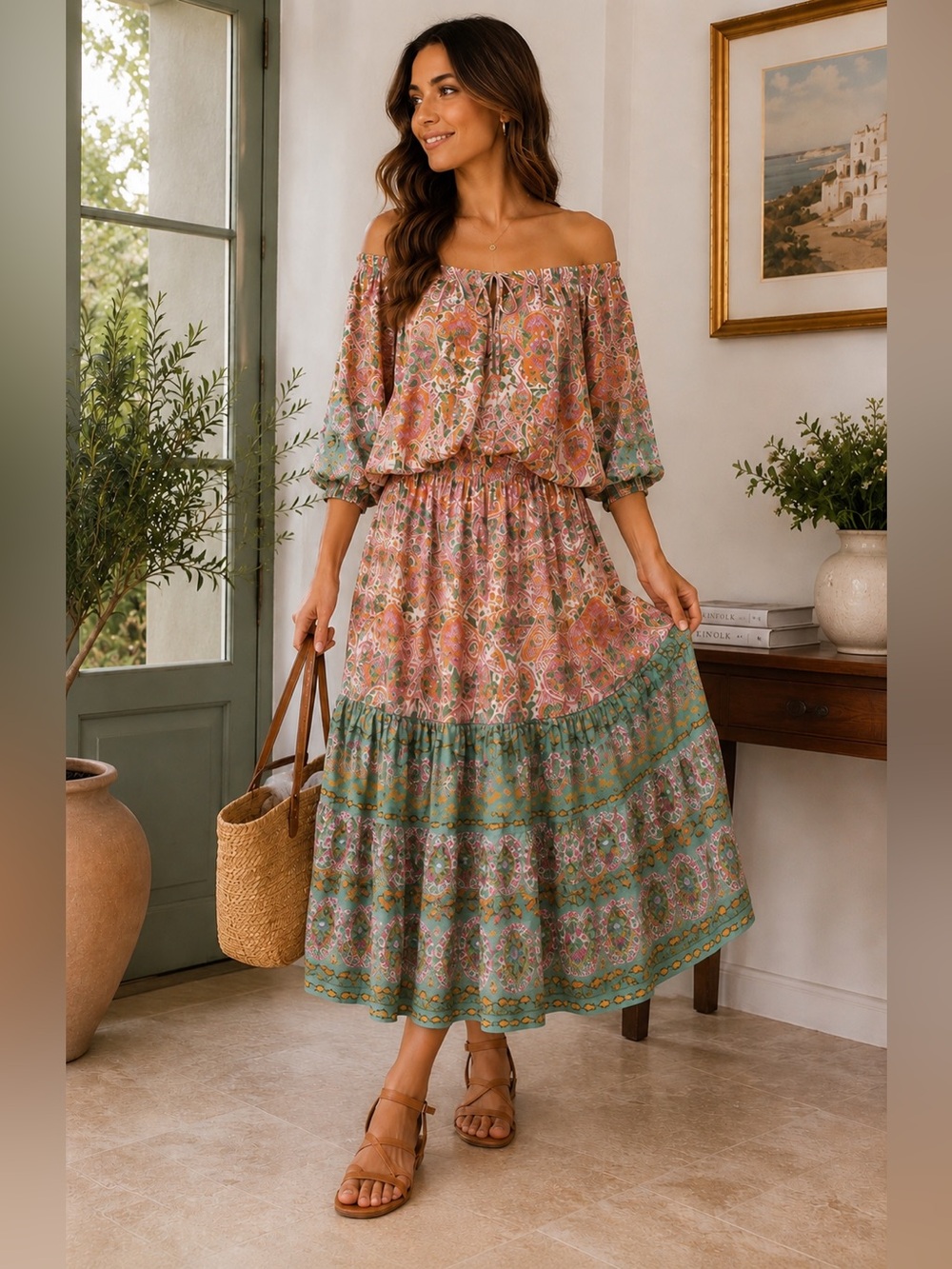 Boston Proper Boho Paisley Peasant Top & Tiered Skirt Set XL